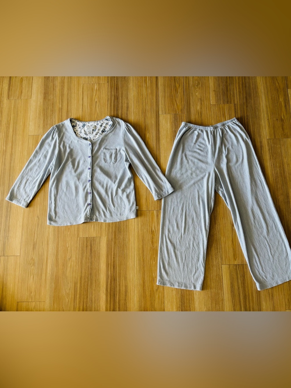VTG Karen Neuberger Pajama Set Top Pants Blue Knit Women M Lounge Cottage Sleep